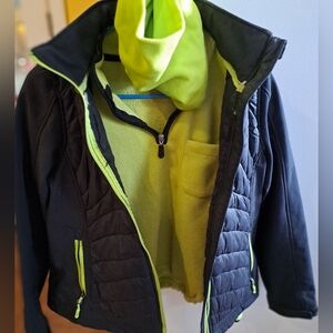 Womans Black & Neon Green Winter Jacket with Matching Fleece Top & Neck Gaiter